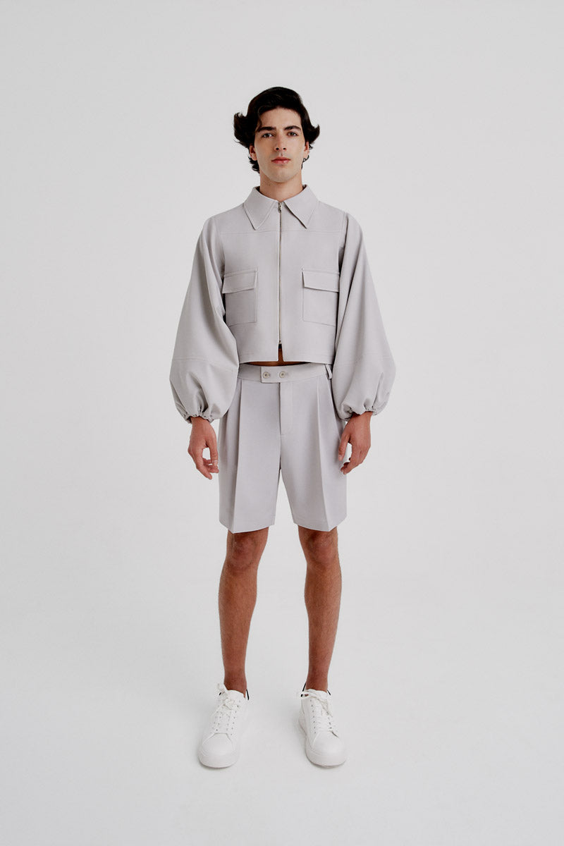 Cazadora cropped mangas abullonadas gris perla