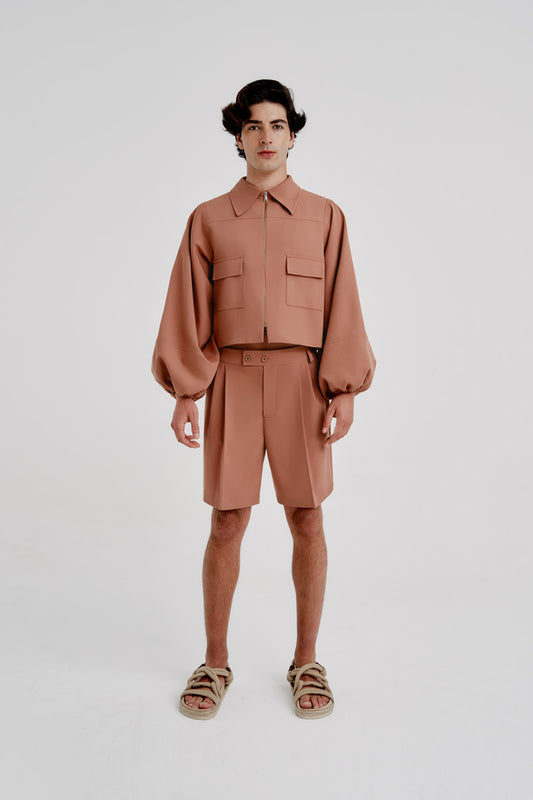 Cazadora cropped mangas abullonadas camel